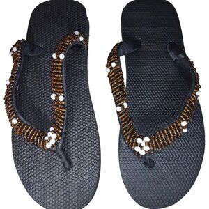 Beaded Flip Flops for Women Summer Style Sandals - (Brown, White)